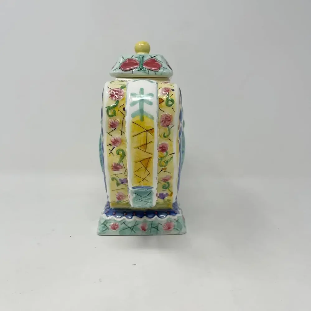 VTG Butterfly‎ Decorative Teapot Yellow Green Blue Hand Painted Ceramic